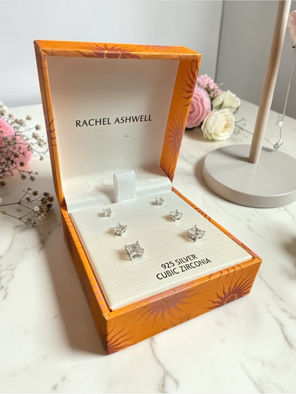 Rachel Ashwell 925 Silver Cubic Zirconia Stud Earrings - Set of 3 Square Posts